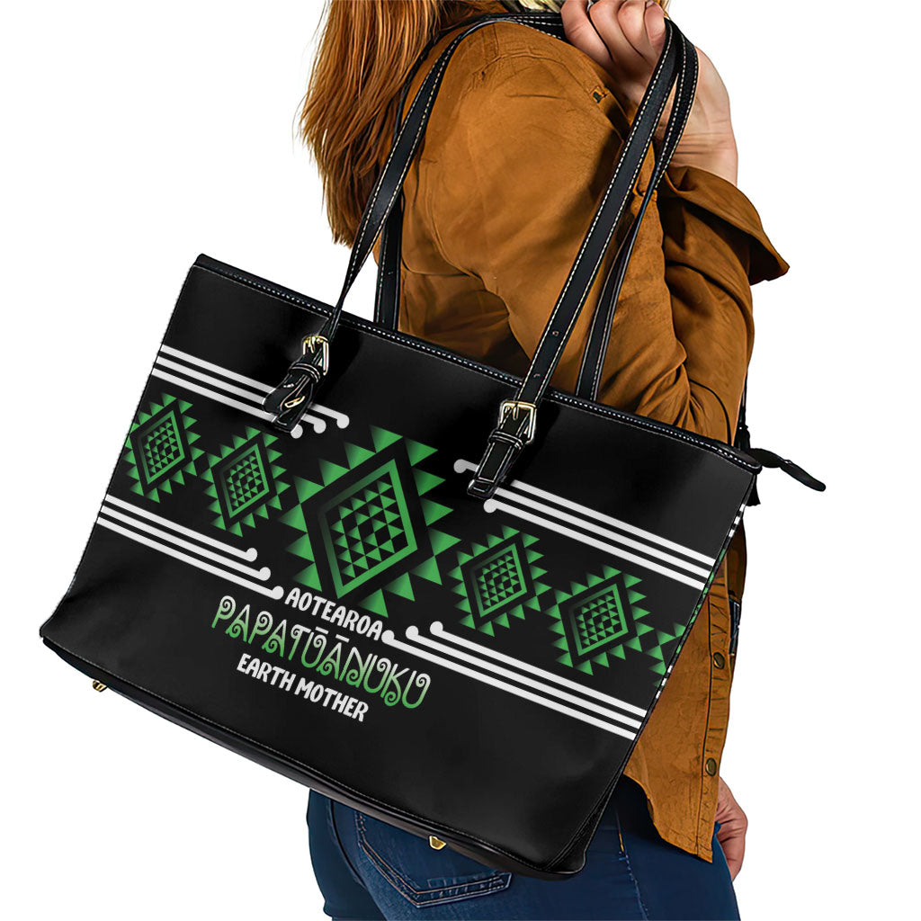 Aotearoa Atua Papatuanuku Leather Tote Bag Maori Earth Mother Taniko Motifs