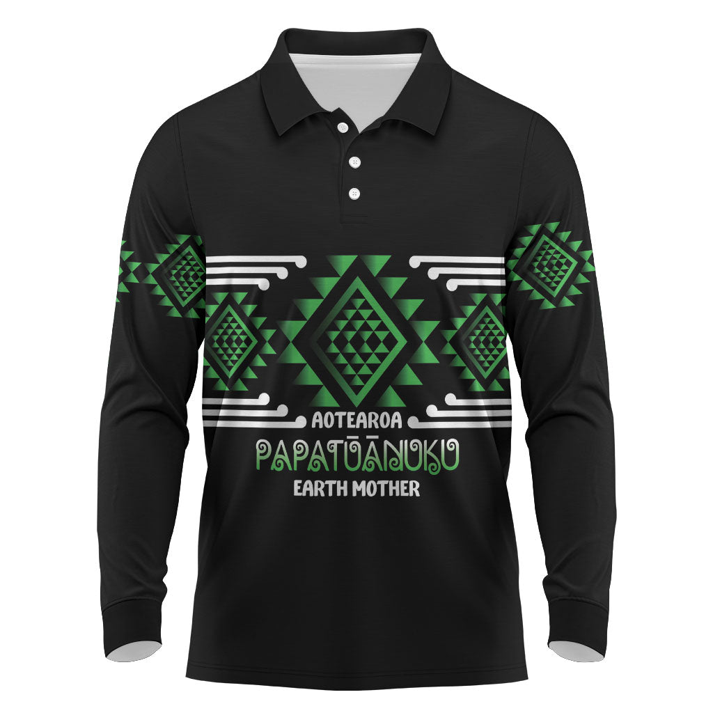 Aotearoa Atua Papatuanuku Personalised Long Sleeve Polo Shirt Maori Earth Mother Taniko Motifs LT14 Green - Polynesian Pride