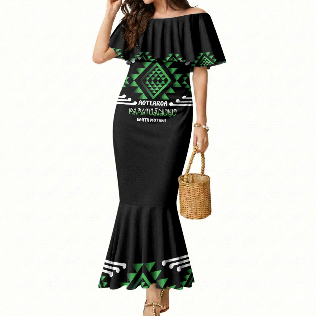 Aotearoa Atua Papatuanuku Personalised Mermaid Dress Maori Earth Mother Taniko Motifs LT14 Women Green - Polynesian Pride
