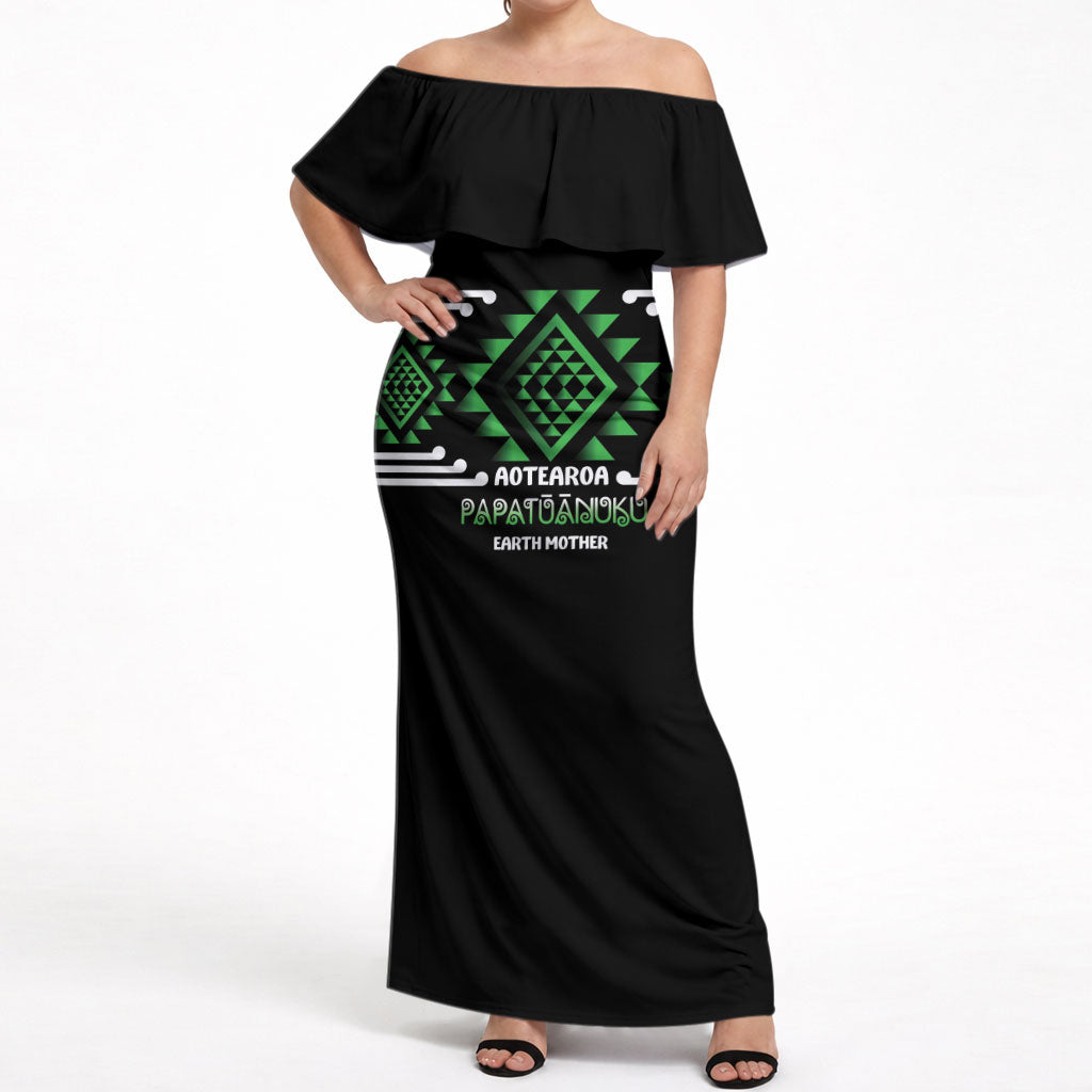 Aotearoa Atua Papatuanuku Personalised Off Shoulder Maxi Dress Maori Earth Mother Taniko Motifs