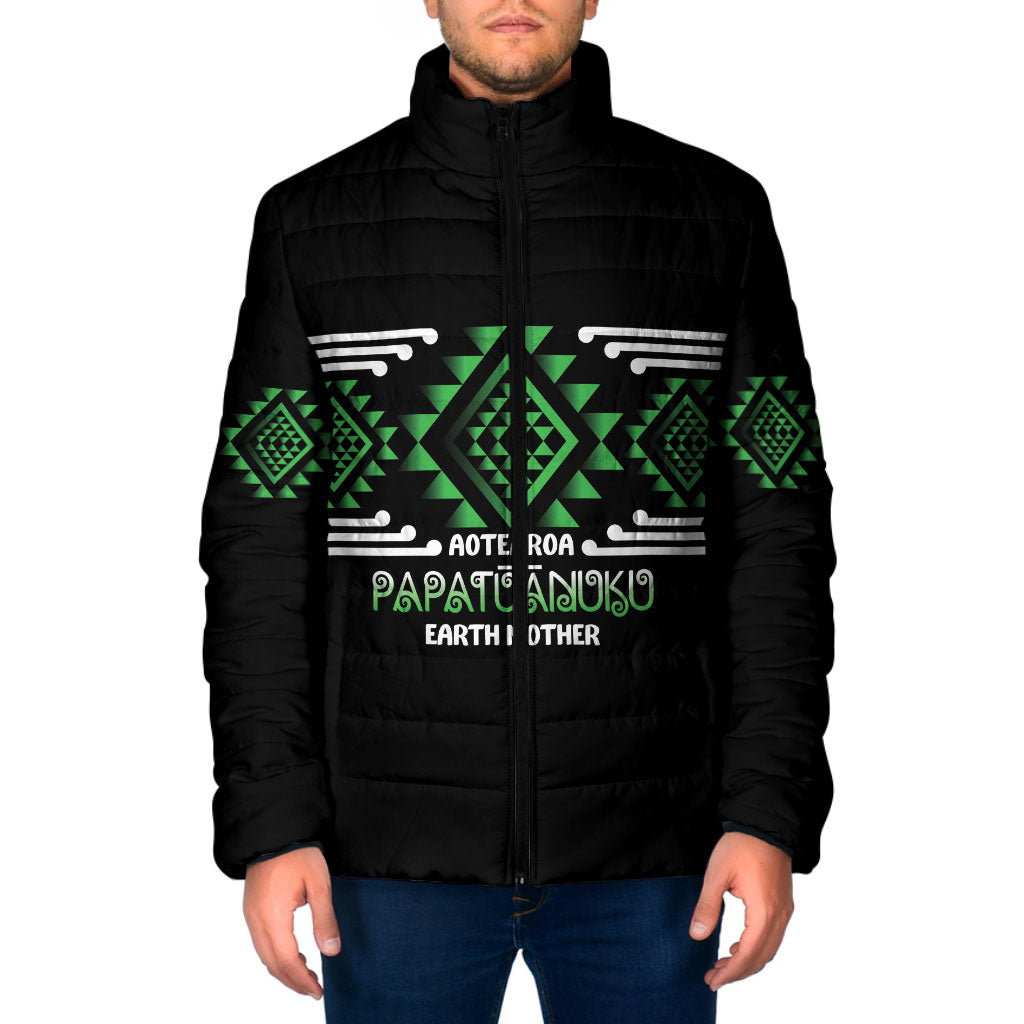 Aotearoa Atua Papatuanuku Personalised Padded Jacket Maori Earth Mother Taniko Motifs LT14 Men Green - Polynesian Pride