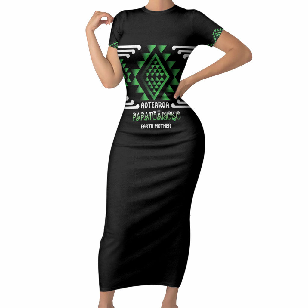 Aotearoa Atua Papatuanuku Personalised Short Sleeve Bodycon Dress Maori Earth Mother Taniko Motifs