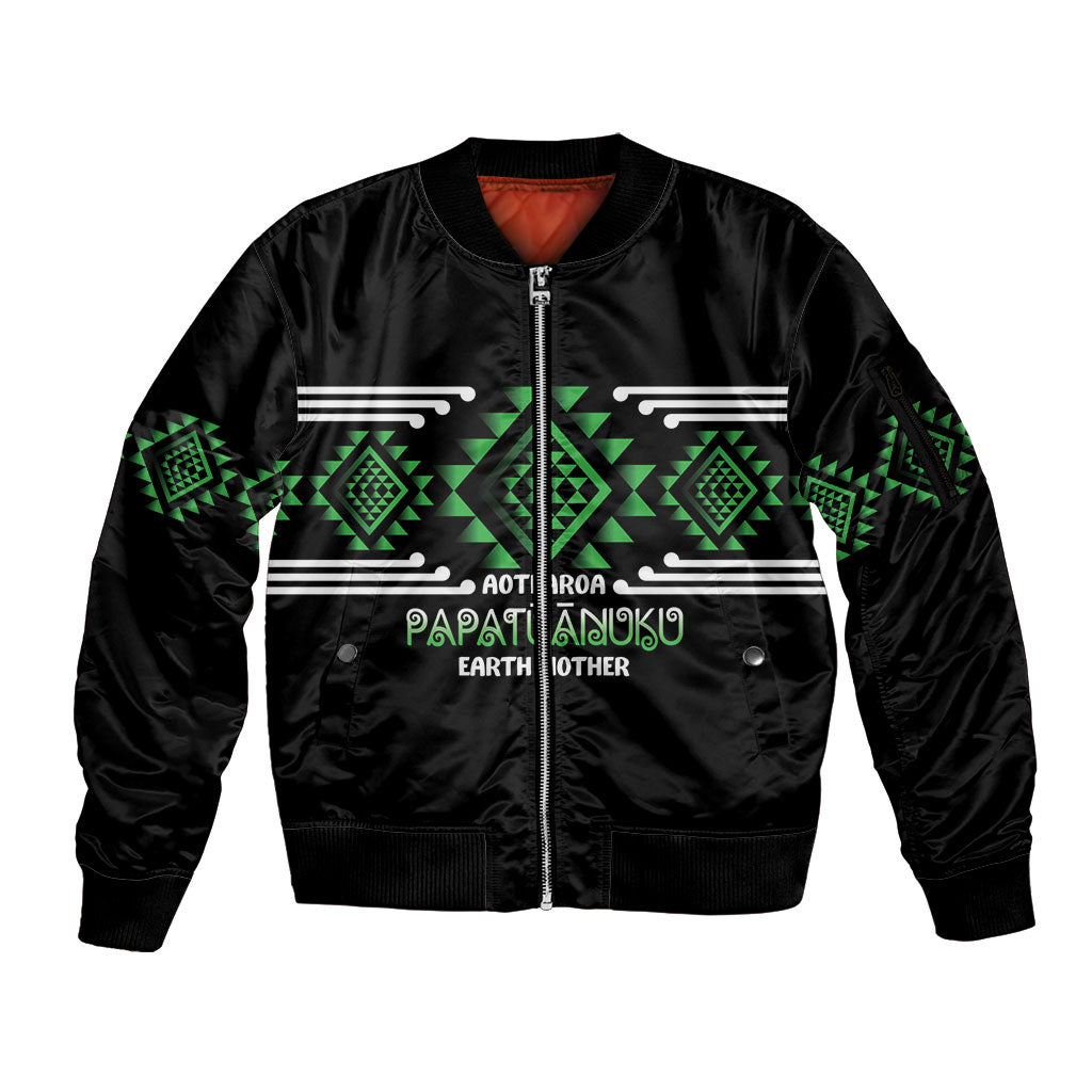 Aotearoa Atua Papatuanuku Personalised Sleeve Zip Bomber Jacket Maori Earth Mother Taniko Motifs LT14 Unisex Green - Polynesian Pride