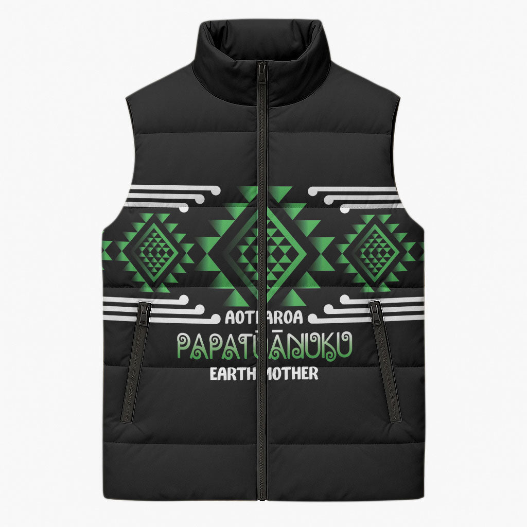 Aotearoa Atua Papatuanuku Personalised Sleeveless Puffer Jacket Maori Earth Mother Taniko Motifs LT14 Unisex Green - Polynesian Pride