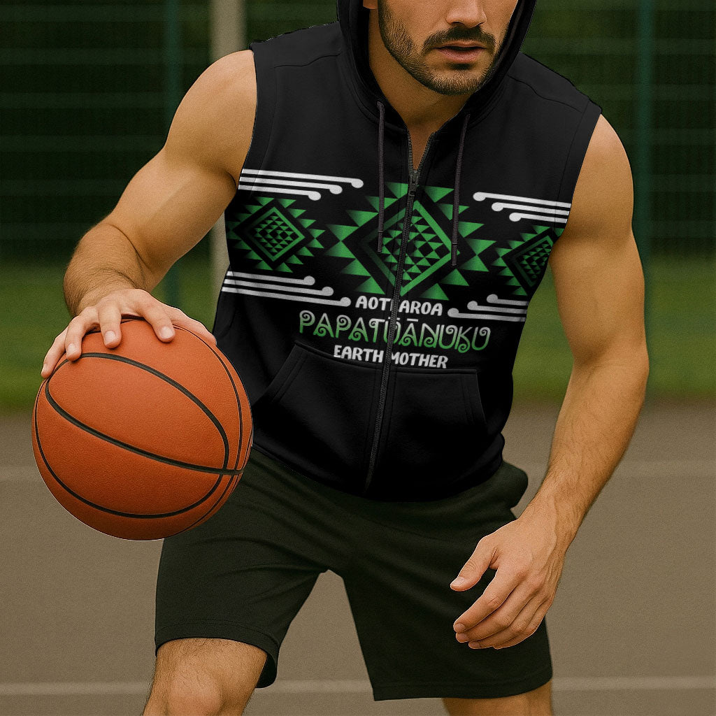 Aotearoa Atua Papatuanuku Personalised Sleeveless Zip Hoodie Maori Earth Mother Taniko Motifs