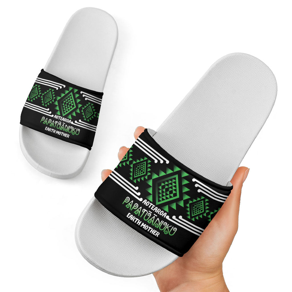 Aotearoa Atua Papatuanuku Slide Sandals Maori Earth Mother Taniko Motifs
