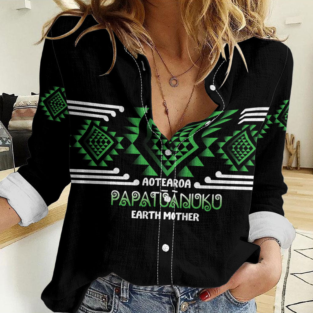 Aotearoa Atua Papatuanuku Personalised Women Casual Shirt Maori Earth Mother Taniko Motifs LT14 Female Green - Polynesian Pride