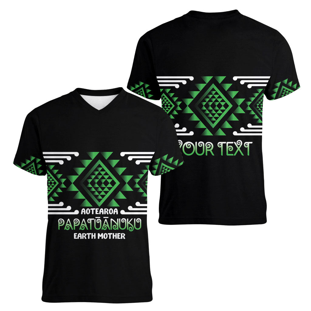 Aotearoa Atua Papatuanuku Personalised Women V-Neck T-Shirt Maori Earth Mother Taniko Motifs