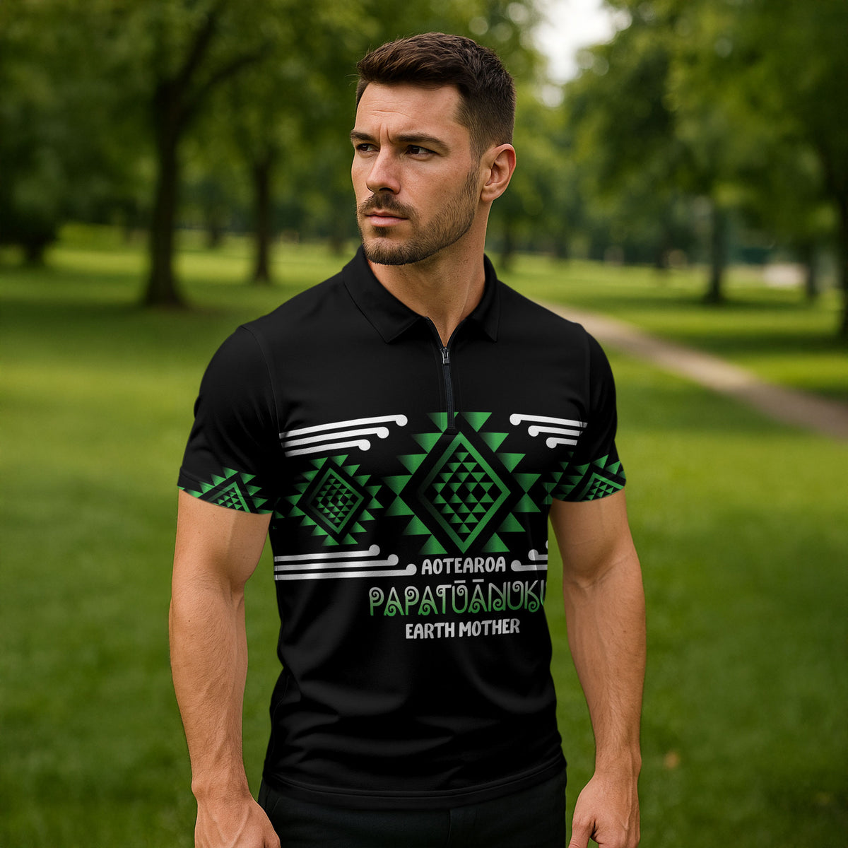 Aotearoa Atua Papatuanuku Personalised Zipper Polo Shirt Maori Earth Mother Taniko Motifs