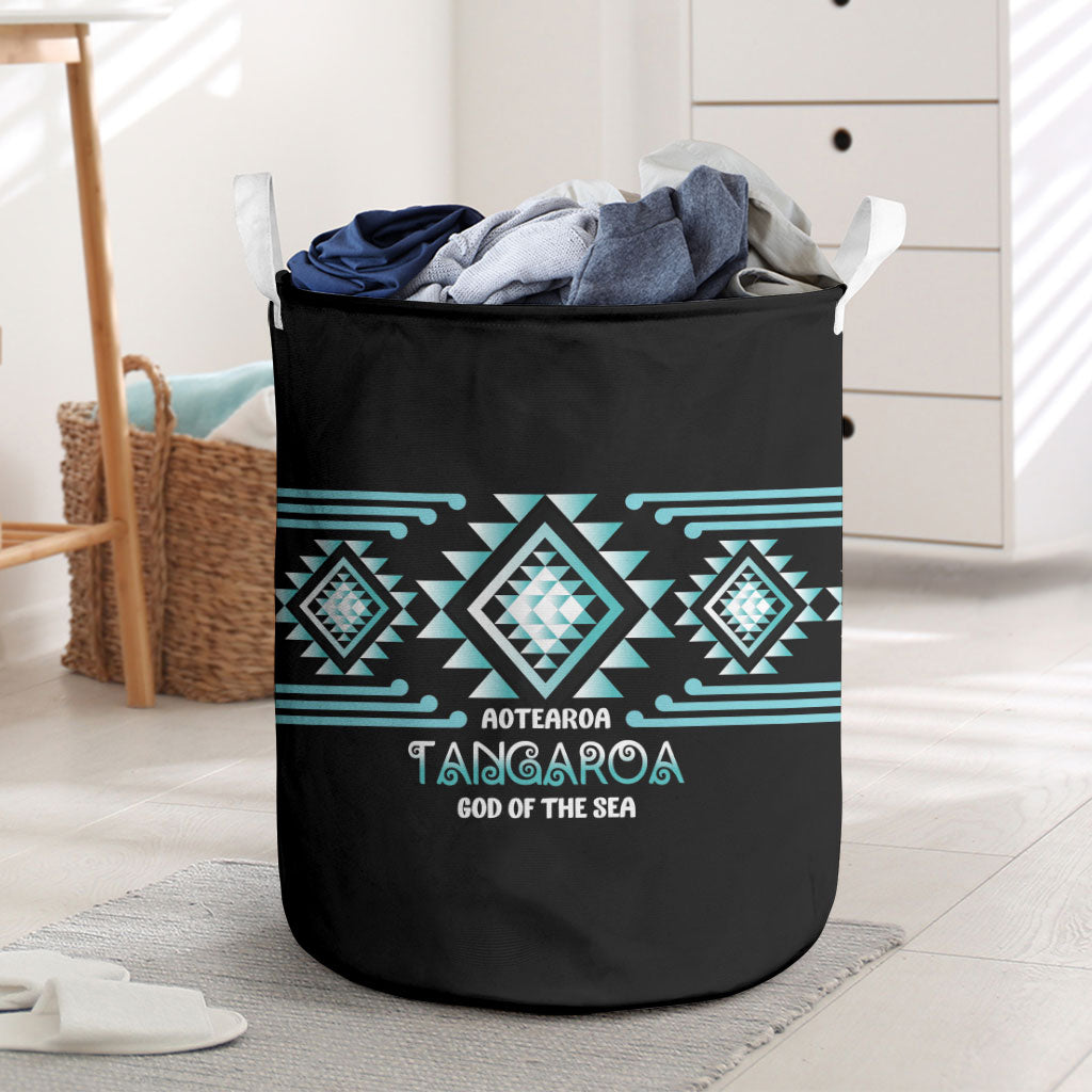 Aotearoa Atua Tangaroa Laundry Basket Maori God Of The Sea Taniko Motifs LT14 Turquoise - Polynesian Pride