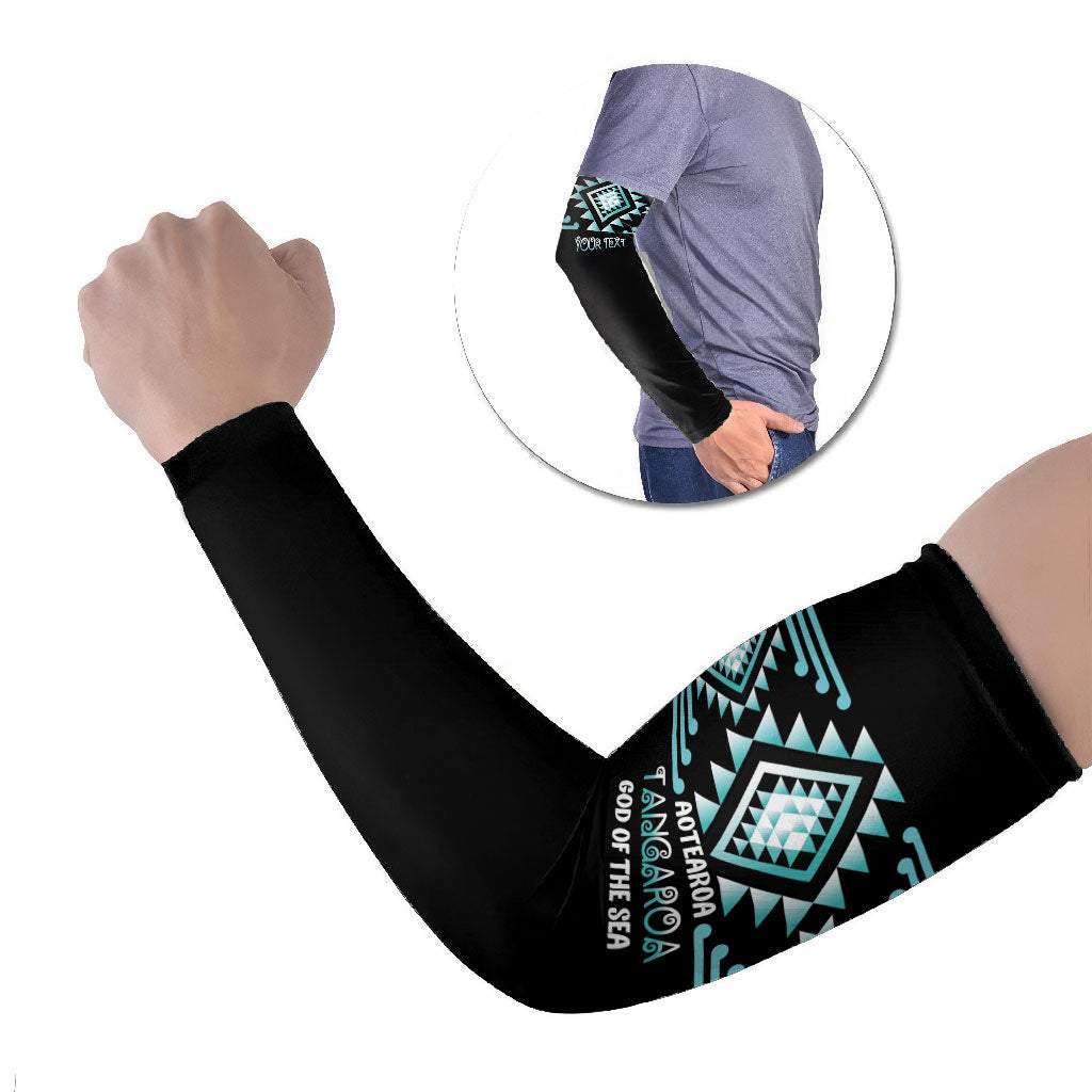 Aotearoa Atua Tangaroa Personalised Arm Sleeves Maori God Of The Sea Taniko Motifs LT14 Set of 2 Turquoise - Polynesian Pride