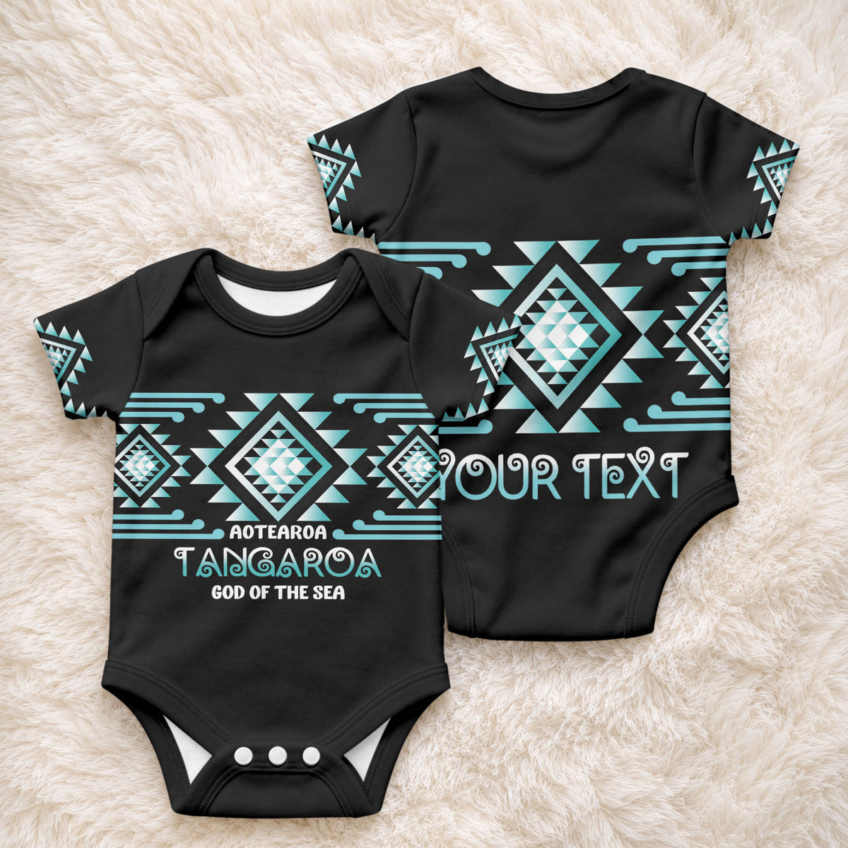 Aotearoa Atua Tangaroa Personalised Baby Onesie Maori God Of The Sea Taniko Motifs
