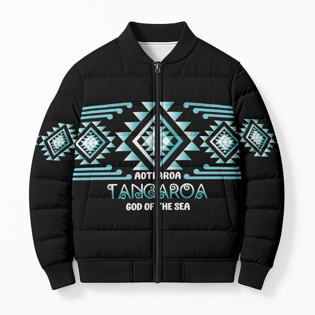 Aotearoa Atua Tangaroa Personalised Bomber Puffer Jacket Maori God Of The Sea Taniko Motifs LT14 Unisex Turquoise - Polynesian Pride