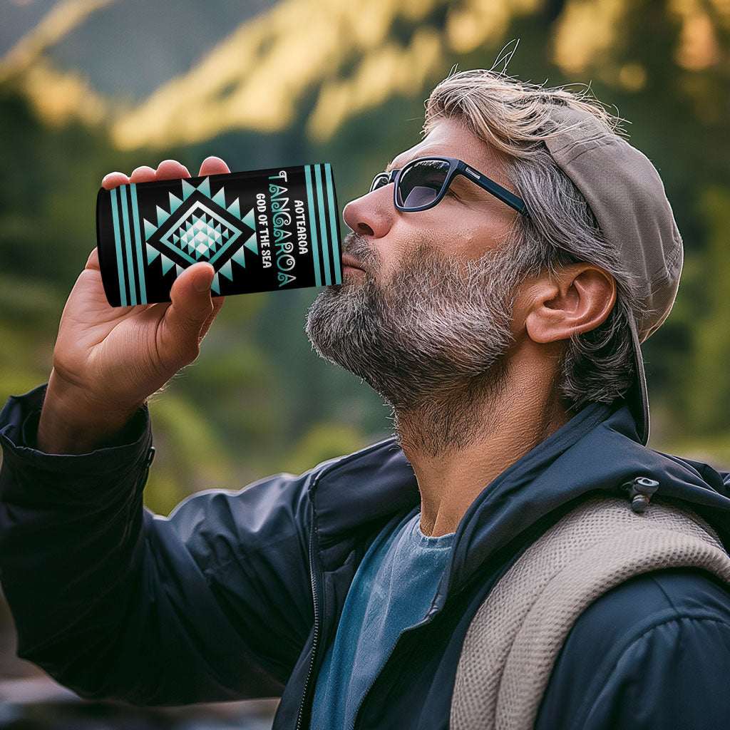 Aotearoa Atua Tangaroa Personalised 4 in 1 Can Cooler Tumbler Maori God Of The Sea Taniko Motifs