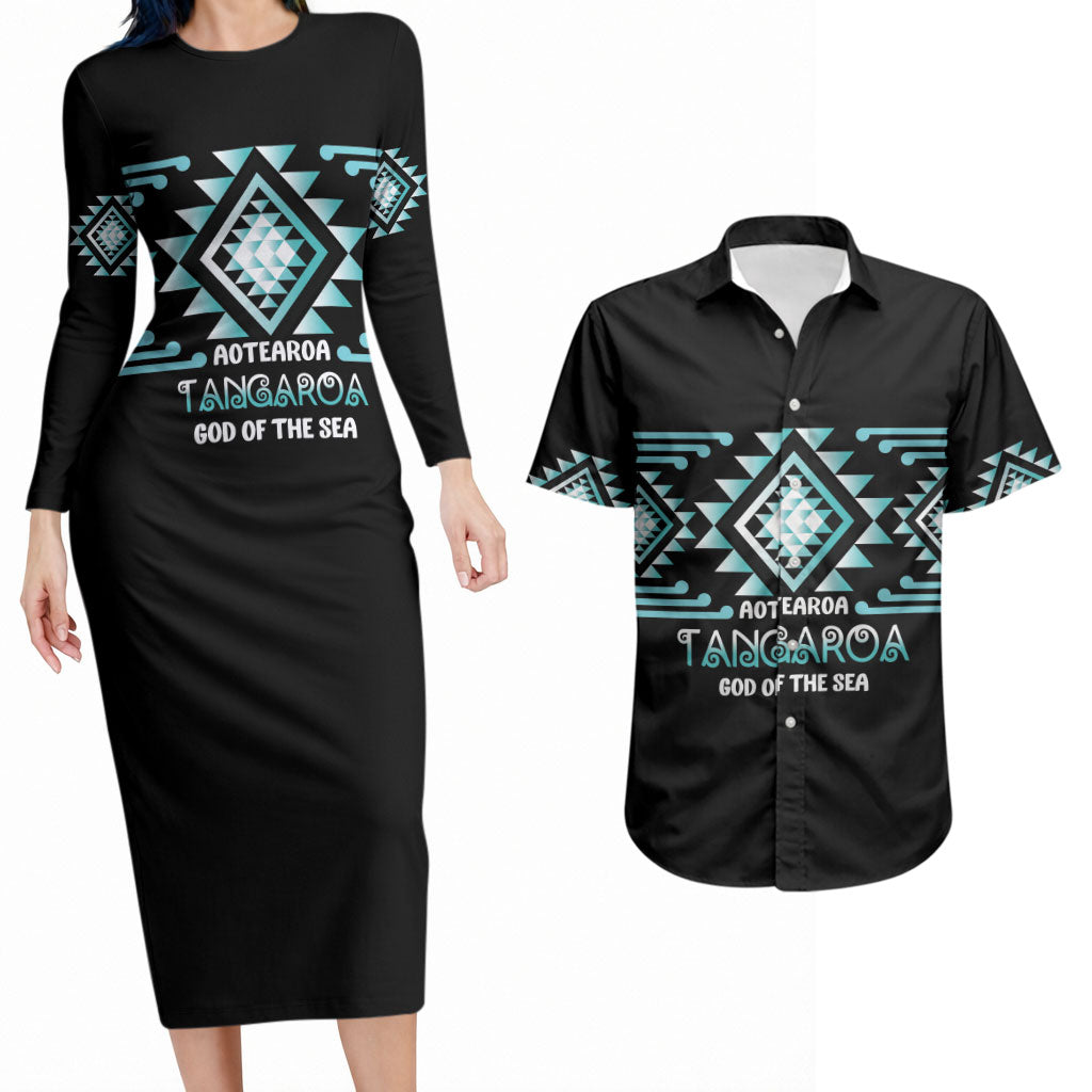 Aotearoa Atua Tangaroa Personalised Couples Matching Long Sleeve Bodycon Dress and Hawaiian Shirt Maori God Of The Sea Taniko Motifs LT14 Turquoise - Polynesian Pride