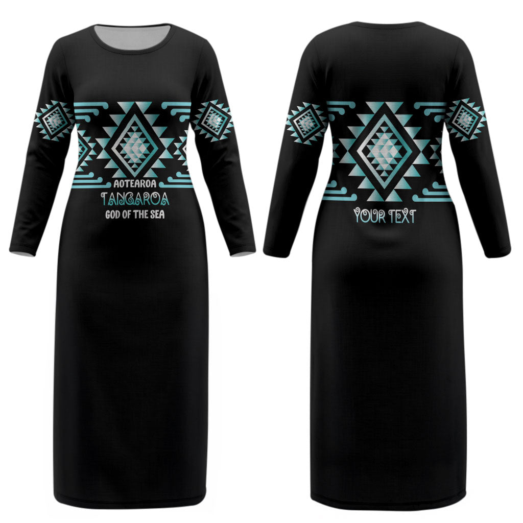 Aotearoa Atua Tangaroa Personalised Couples Matching Long Sleeve Bodycon Dress and Hawaiian Shirt Maori God Of The Sea Taniko Motifs
