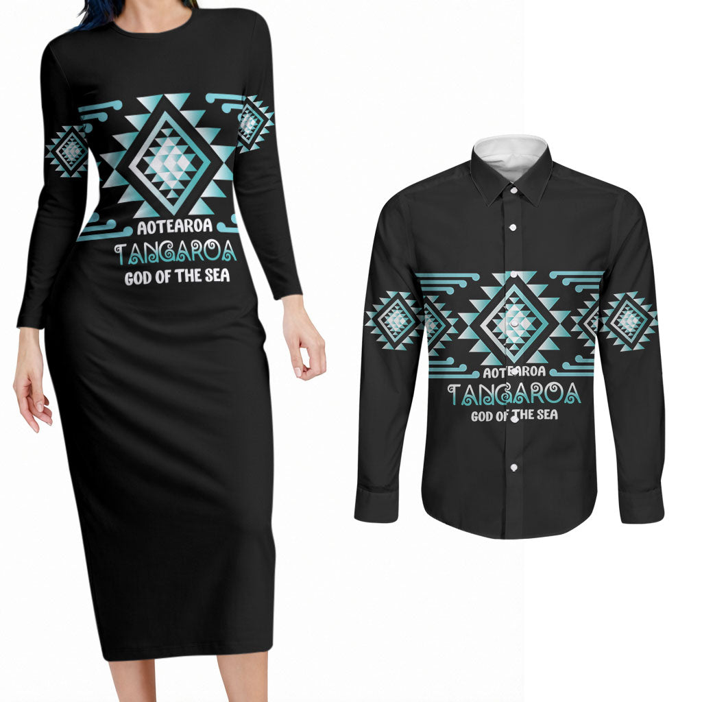 Aotearoa Atua Tangaroa Personalised Couples Matching Long Sleeve Bodycon Dress and Long Sleeve Button Shirt Maori God Of The Sea Taniko Motifs