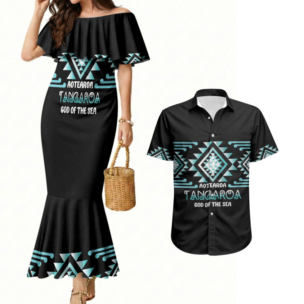 Aotearoa Atua Tangaroa Personalised Couples Matching Mermaid Dress and Hawaiian Shirt Maori God Of The Sea Taniko Motifs