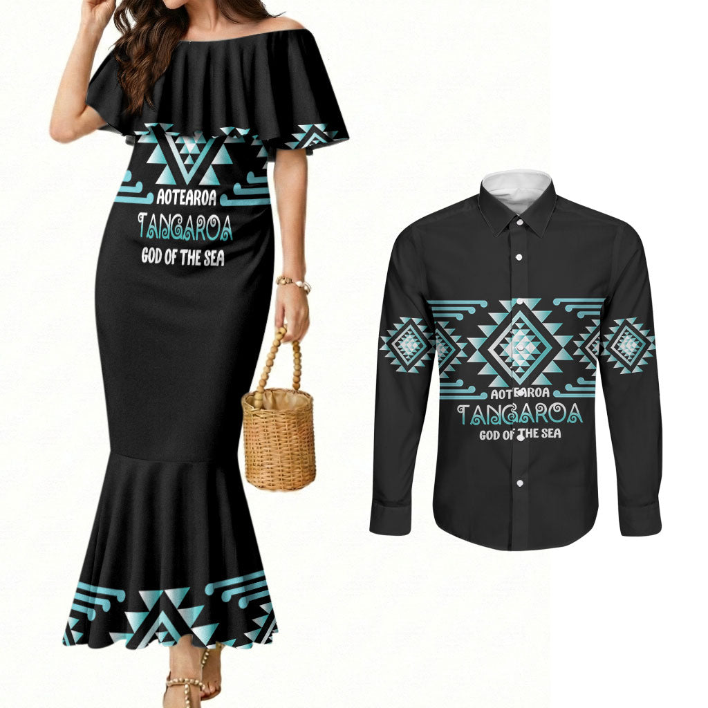 Aotearoa Atua Tangaroa Personalised Couples Matching Mermaid Dress and Long Sleeve Button Shirt Maori God Of The Sea Taniko Motifs LT14 Turquoise - Polynesian Pride
