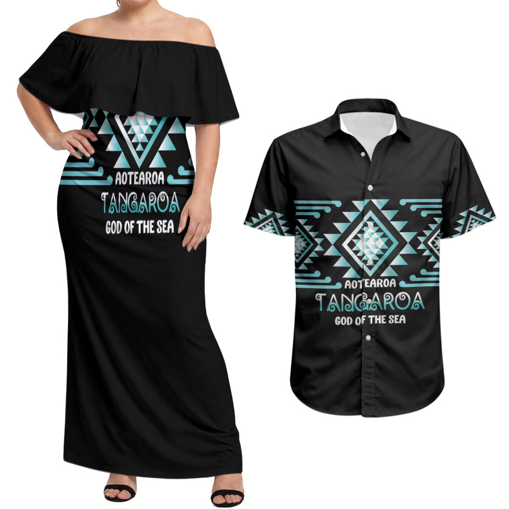 Aotearoa Atua Tangaroa Personalised Couples Matching Off Shoulder Maxi Dress and Hawaiian Shirt Maori God Of The Sea Taniko Motifs