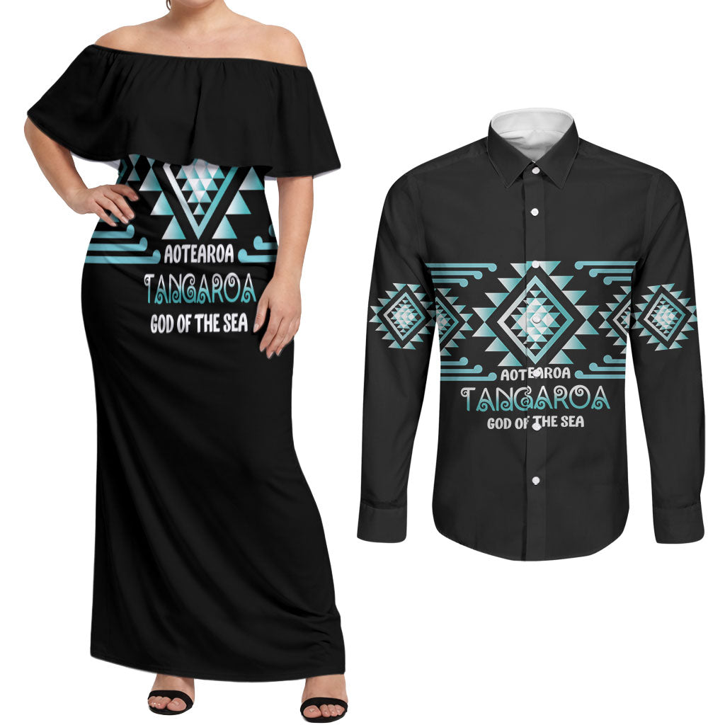 Aotearoa Atua Tangaroa Personalised Couples Matching Off Shoulder Maxi Dress and Long Sleeve Button Shirt Maori God Of The Sea Taniko Motifs LT14 Turquoise - Polynesian Pride