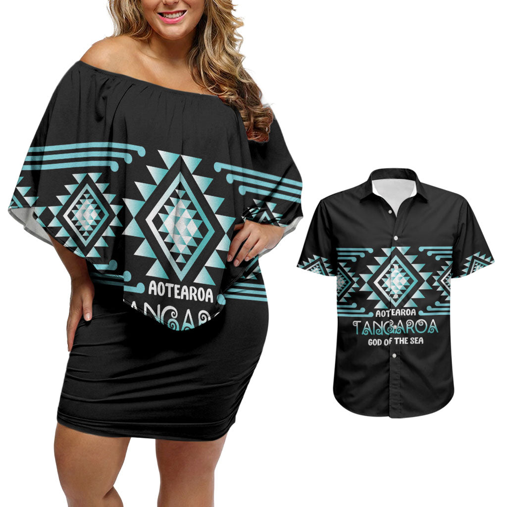 Aotearoa Atua Tangaroa Personalised Couples Matching Off Shoulder Short Dress and Hawaiian Shirt Maori God Of The Sea Taniko Motifs