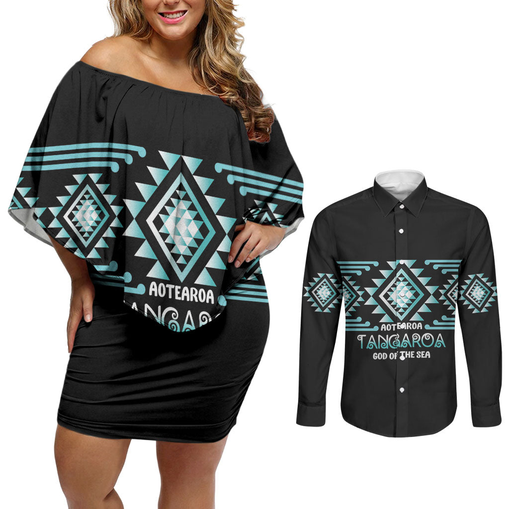 Aotearoa Atua Tangaroa Personalised Couples Matching Off Shoulder Short Dress and Long Sleeve Button Shirt Maori God Of The Sea Taniko Motifs
