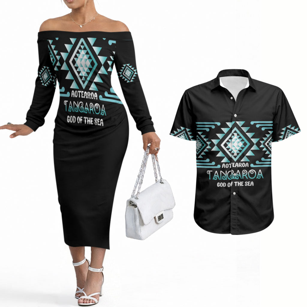 Aotearoa Atua Tangaroa Personalised Couples Matching Off The Shoulder Long Sleeve Dress and Hawaiian Shirt Maori God Of The Sea Taniko Motifs