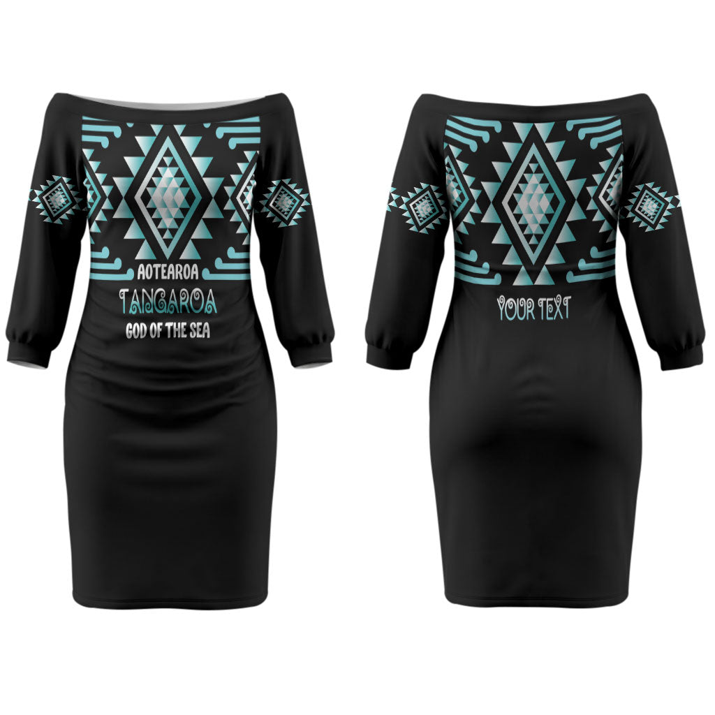 Aotearoa Atua Tangaroa Personalised Couples Matching Off The Shoulder Long Sleeve Dress and Hawaiian Shirt Maori God Of The Sea Taniko Motifs