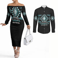 Aotearoa Atua Tangaroa Personalised Couples Matching Off The Shoulder Long Sleeve Dress and Long Sleeve Button Shirt Maori God Of The Sea Taniko Motifs