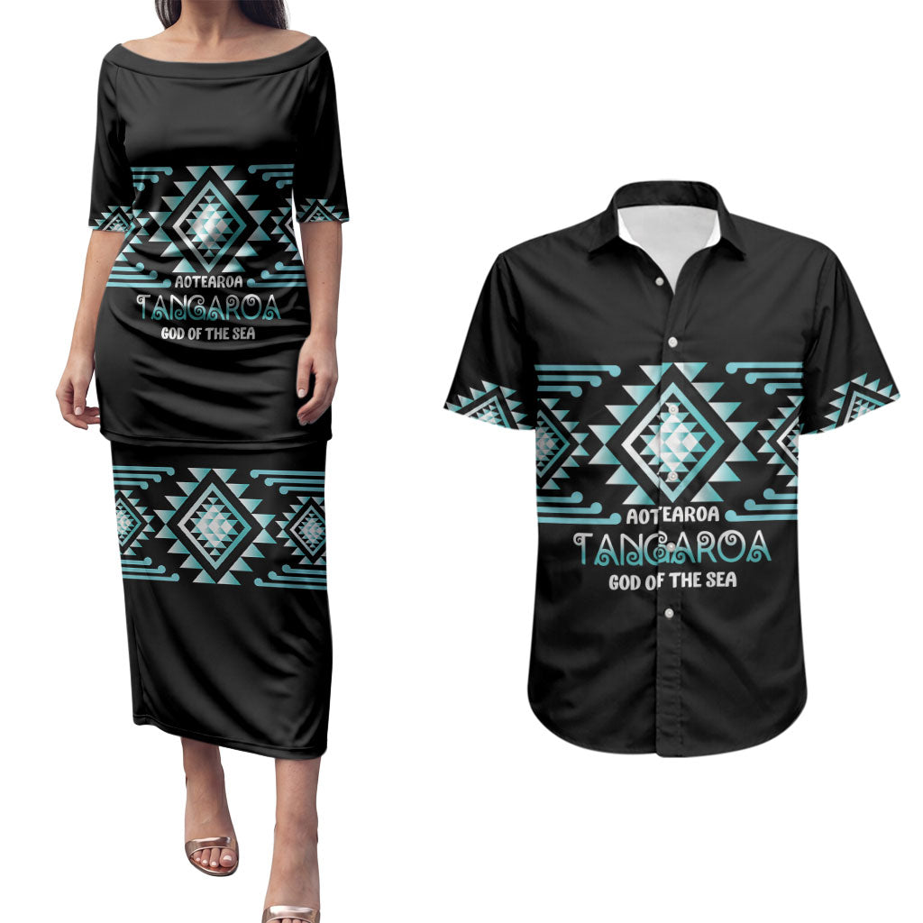 Aotearoa Atua Tangaroa Personalised Couples Matching Puletasi and Hawaiian Shirt Maori God Of The Sea Taniko Motifs