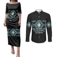 Aotearoa Atua Tangaroa Personalised Couples Matching Puletasi and Long Sleeve Button Shirt Maori God Of The Sea Taniko Motifs