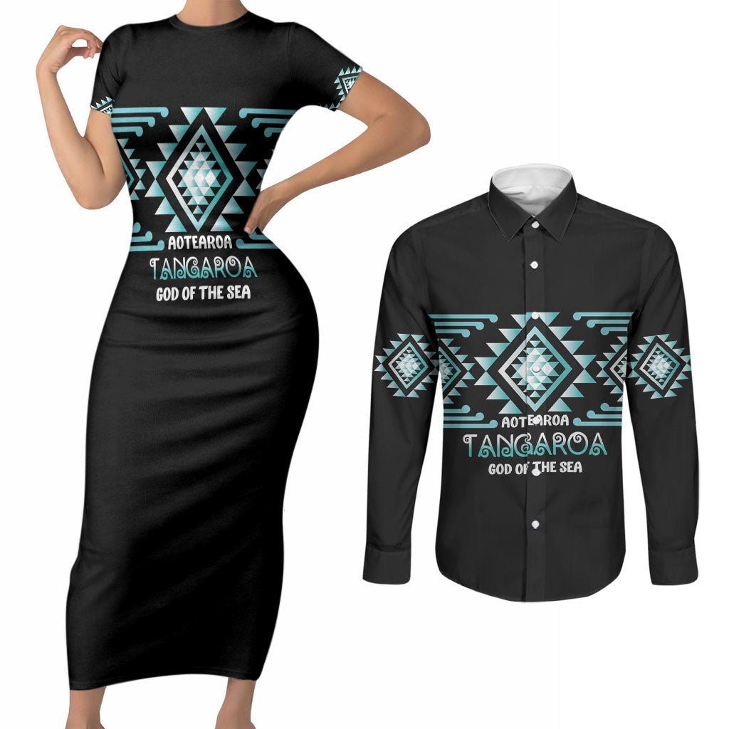 Aotearoa Atua Tangaroa Personalised Couples Matching Short Sleeve Bodycon Dress and Long Sleeve Button Shirt Maori God Of The Sea Taniko Motifs