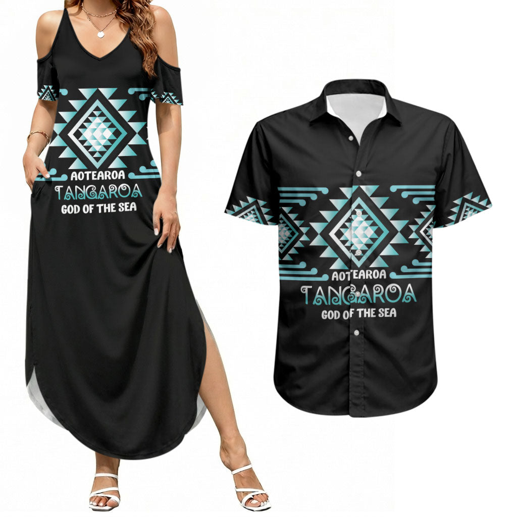 Aotearoa Atua Tangaroa Personalised Couples Matching Summer Maxi Dress and Hawaiian Shirt Maori God Of The Sea Taniko Motifs