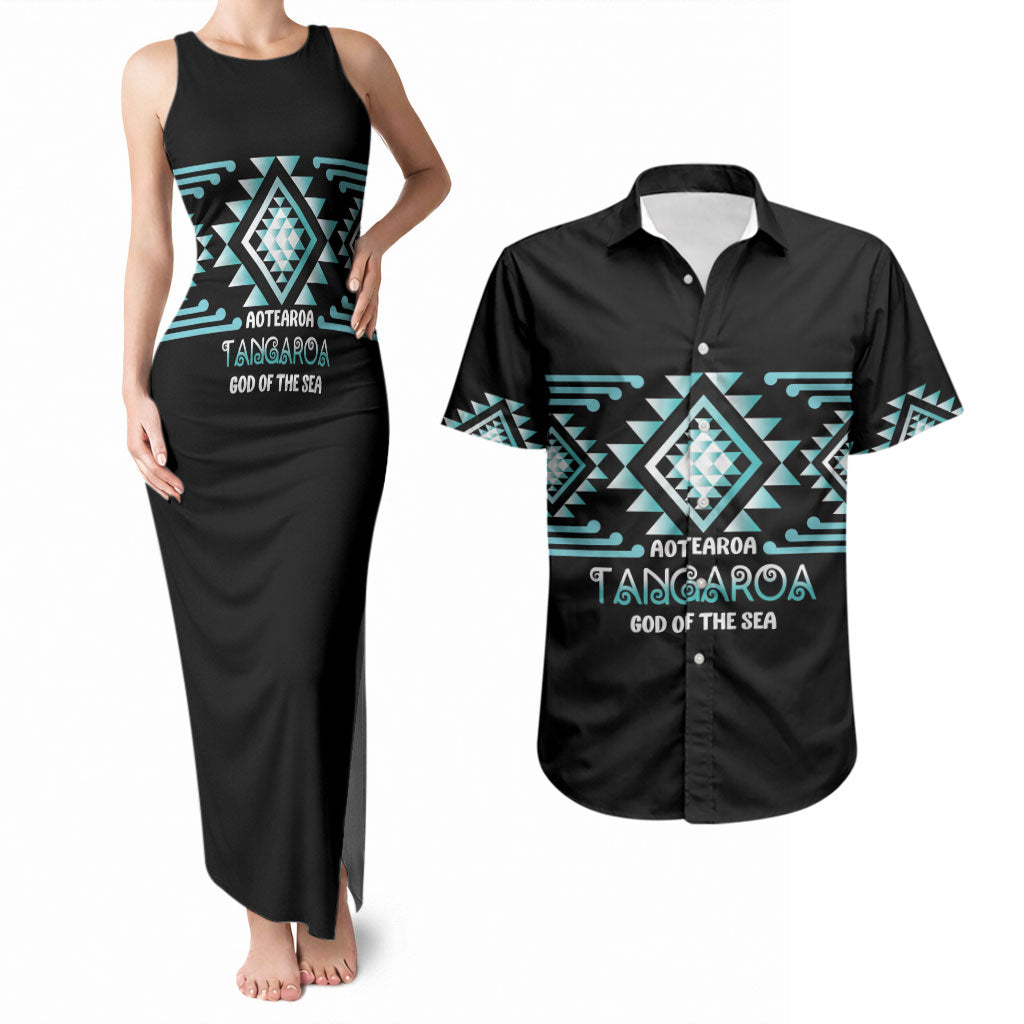 Aotearoa Atua Tangaroa Personalised Couples Matching Tank Maxi Dress and Hawaiian Shirt Maori God Of The Sea Taniko Motifs