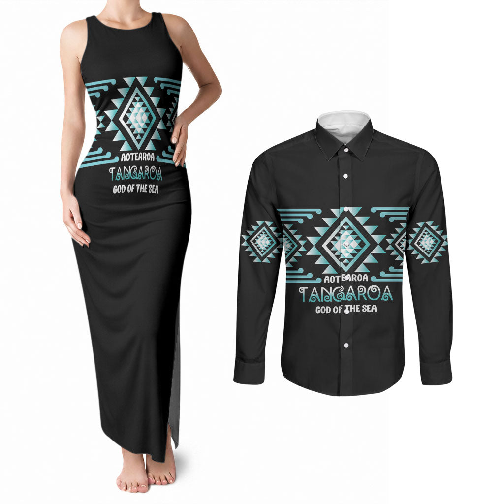 Aotearoa Atua Tangaroa Personalised Couples Matching Tank Maxi Dress and Long Sleeve Button Shirt Maori God Of The Sea Taniko Motifs LT14 Turquoise - Polynesian Pride