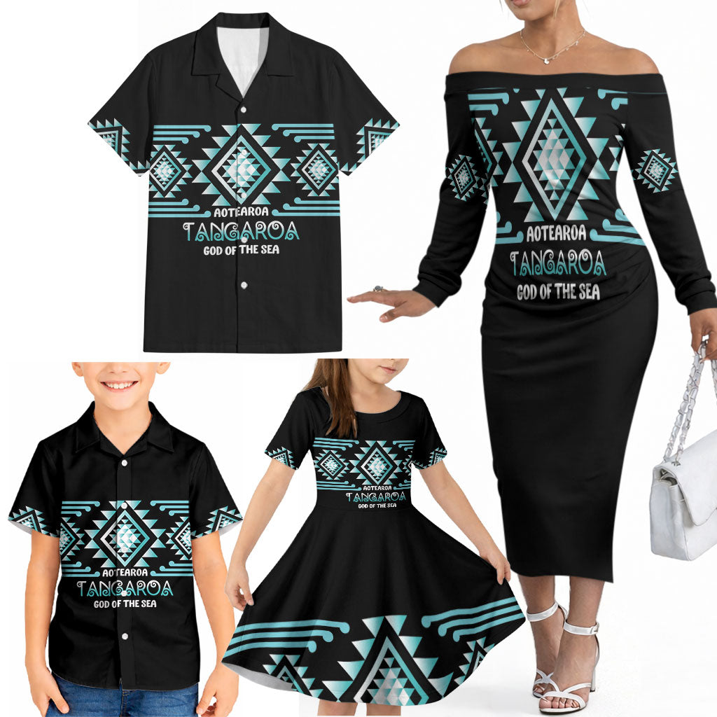 Aotearoa Atua Tangaroa Personalised Family Matching Off The Shoulder Long Sleeve Dress and Hawaiian Shirt Maori God Of The Sea Taniko Motifs