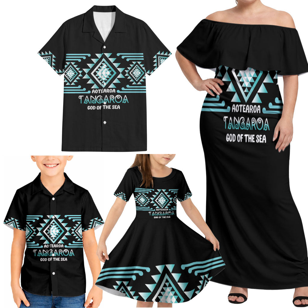 Aotearoa Atua Tangaroa Personalised Family Matching Off Shoulder Maxi Dress and Hawaiian Shirt Maori God Of The Sea Taniko Motifs LT14 - Polynesian Pride