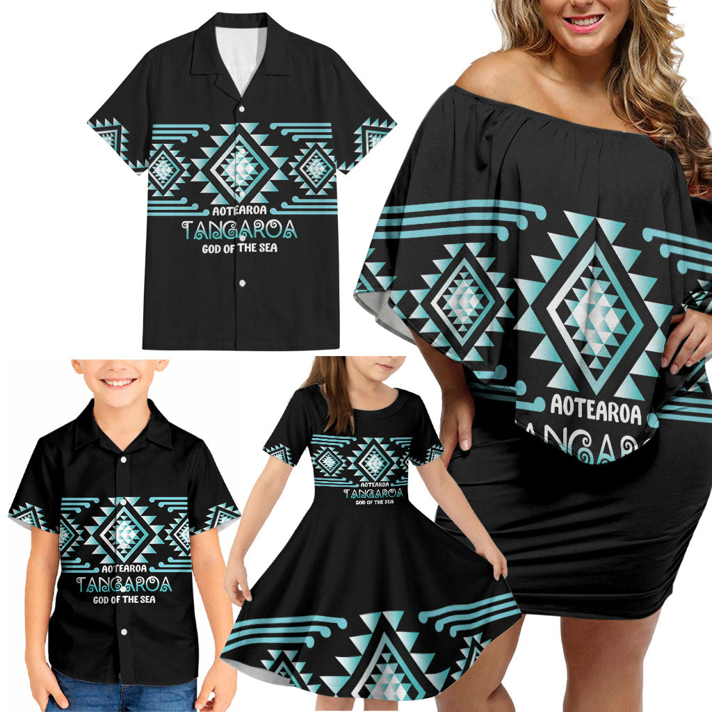 Aotearoa Atua Tangaroa Personalised Family Matching Off Shoulder Short Dress and Hawaiian Shirt Maori God Of The Sea Taniko Motifs