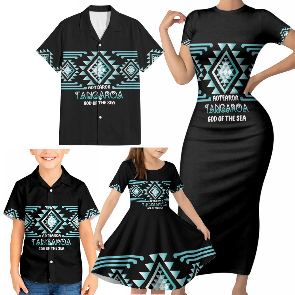 Aotearoa Atua Tangaroa Personalised Family Matching Short Sleeve Bodycon Dress and Hawaiian Shirt Maori God Of The Sea Taniko Motifs LT14 - Polynesian Pride