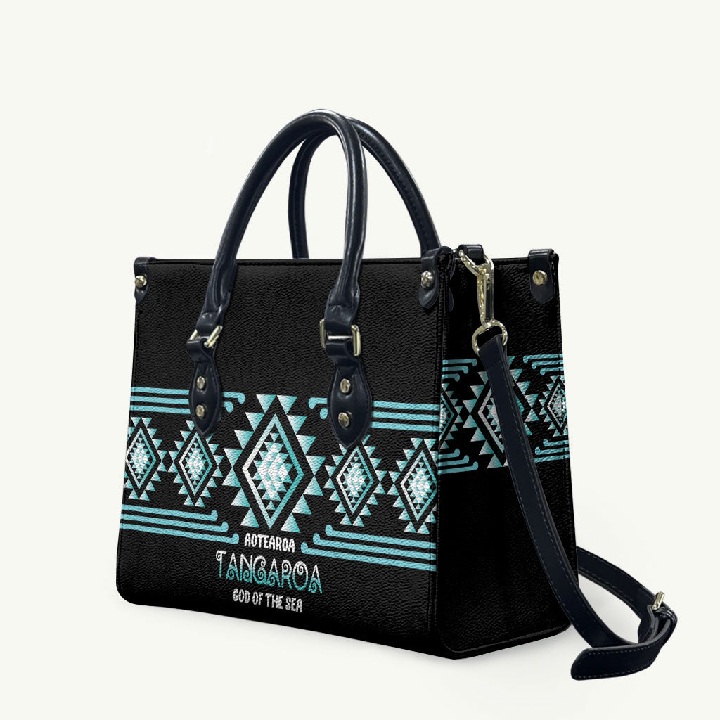 Aotearoa Atua Tangaroa Leather Bag Maori God Of The Sea Taniko Motifs LT14 Turquoise - Polynesian Pride