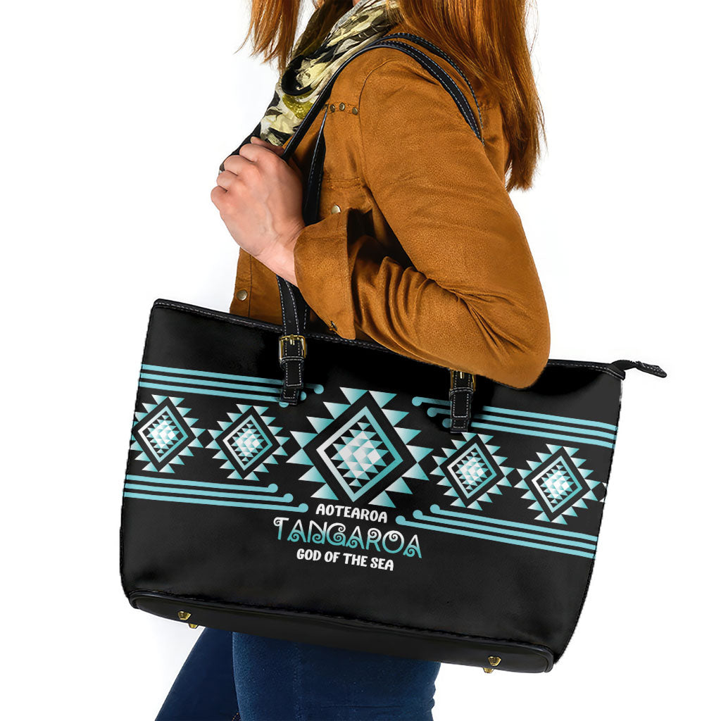 Aotearoa Atua Tangaroa Leather Tote Bag Maori God Of The Sea Taniko Motifs