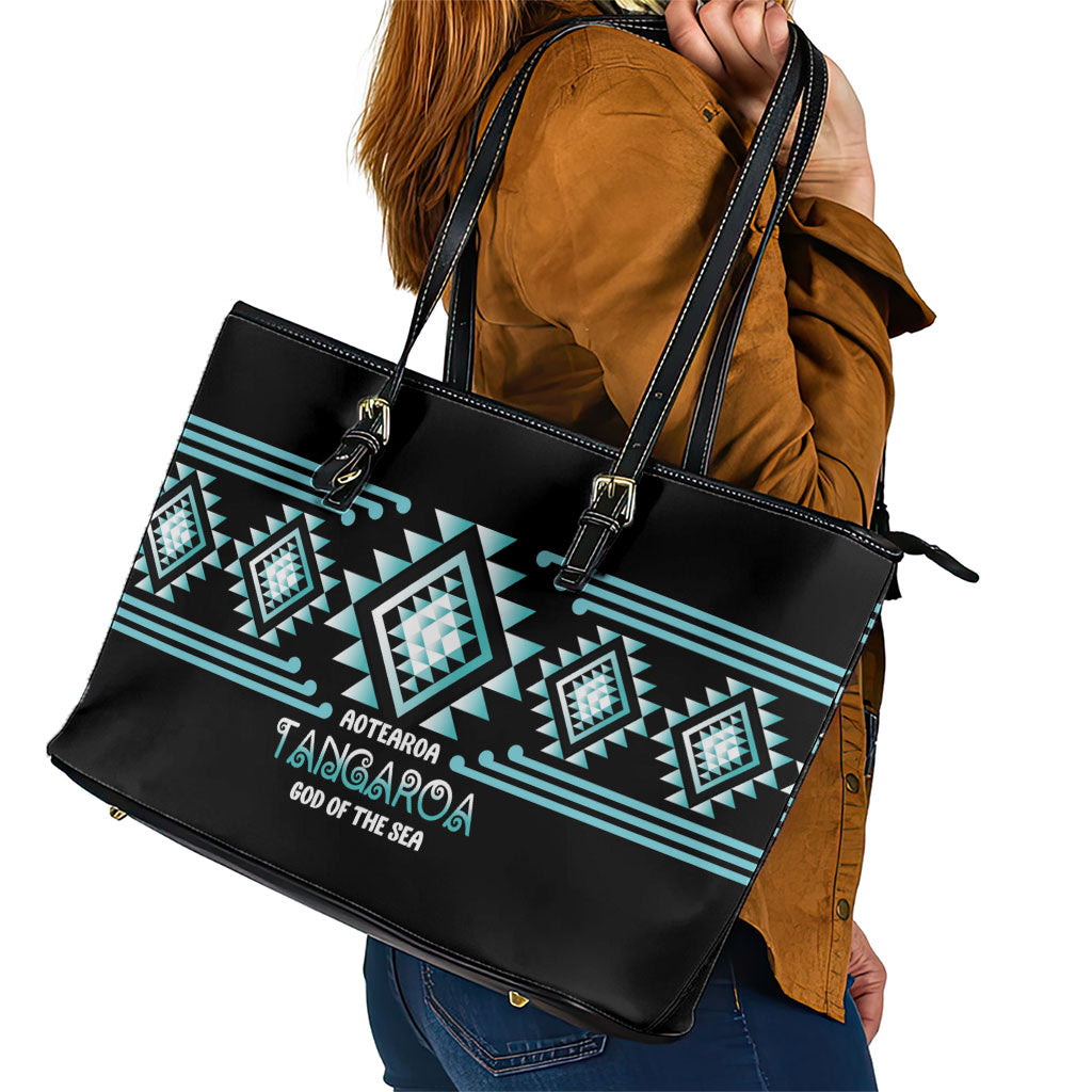 Aotearoa Atua Tangaroa Leather Tote Bag Maori God Of The Sea Taniko Motifs