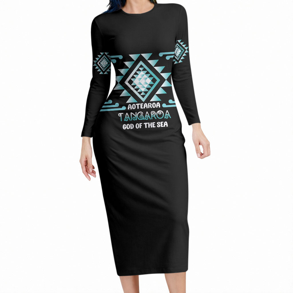 Aotearoa Atua Tangaroa Personalised Long Sleeve Bodycon Dress Maori God Of The Sea Taniko Motifs