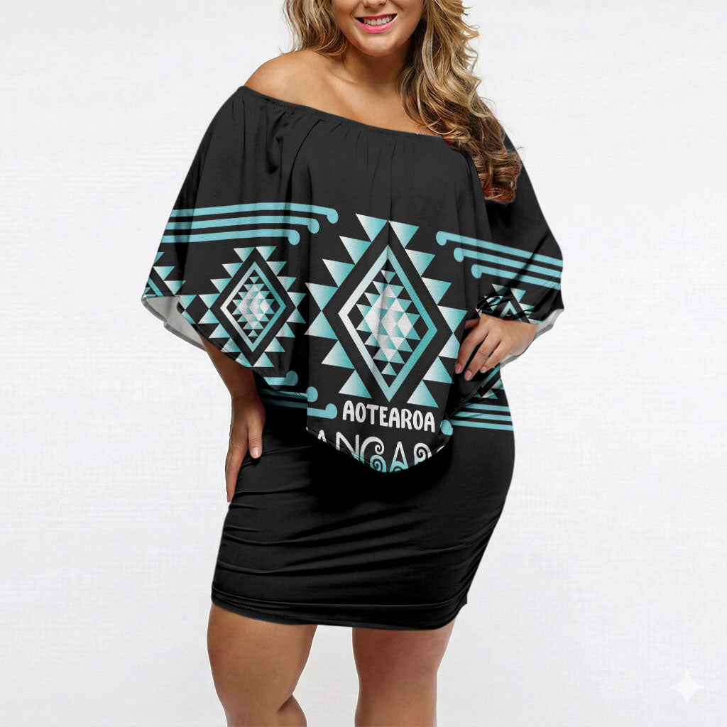 Aotearoa Atua Tangaroa Personalised Off Shoulder Short Dress Maori God Of The Sea Taniko Motifs LT14 Women Turquoise - Polynesian Pride