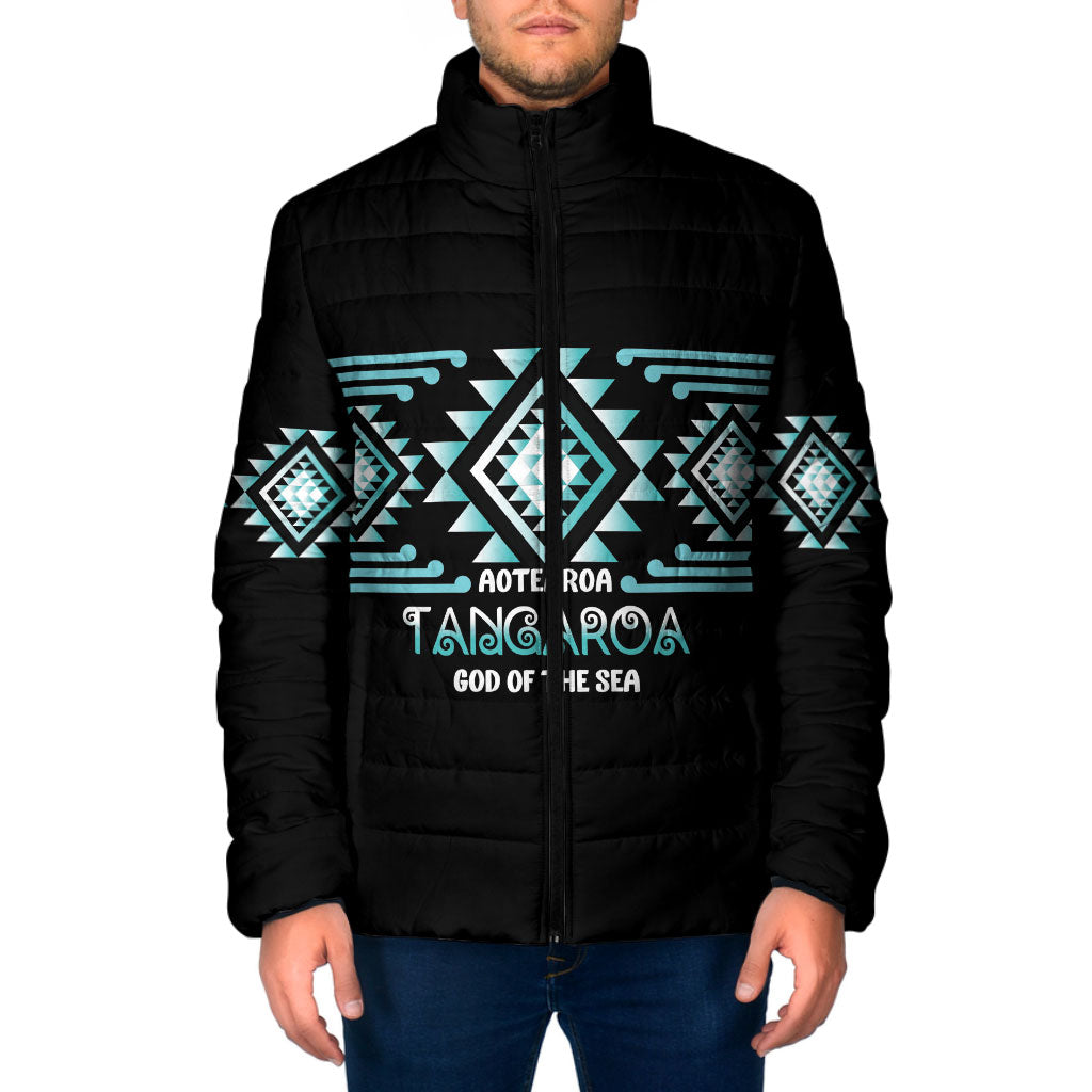 Aotearoa Atua Tangaroa Personalised Padded Jacket Maori God Of The Sea Taniko Motifs LT14 Men Turquoise - Polynesian Pride