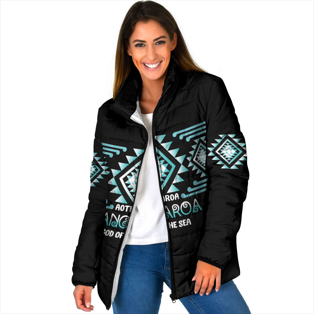 Aotearoa Atua Tangaroa Personalised Padded Jacket Maori God Of The Sea Taniko Motifs