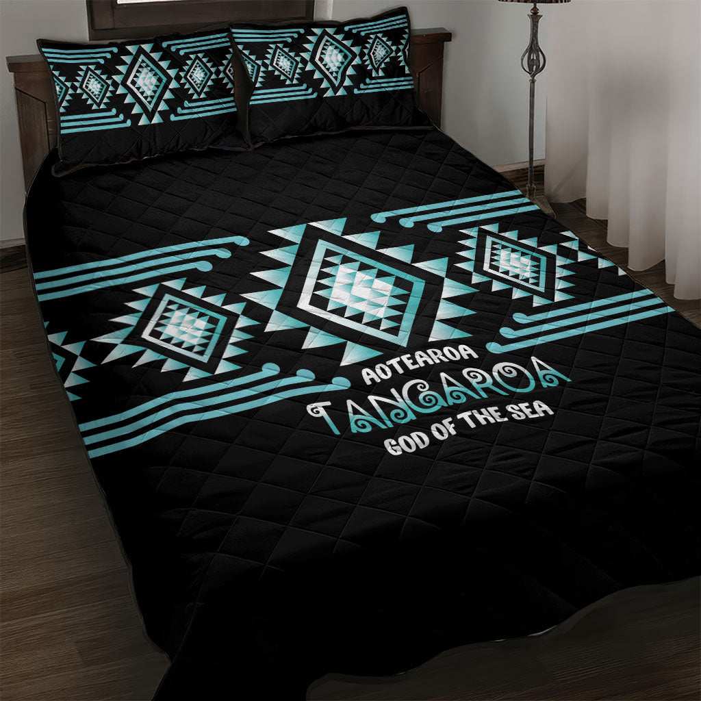Aotearoa Atua Tangaroa Quilt Bed Set Maori God Of The Sea Taniko Motifs LT14 Turquoise - Polynesian Pride