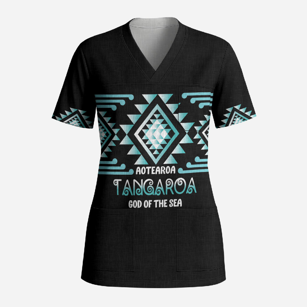 Aotearoa Atua Tangaroa Personalised Scrub Top Maori God Of The Sea Taniko Motifs LT14 Adult Turquoise - Polynesian Pride