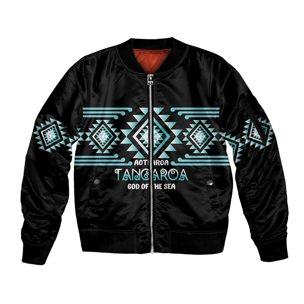 Aotearoa Atua Tangaroa Personalised Sleeve Zip Bomber Jacket Maori God Of The Sea Taniko Motifs LT14 Unisex Turquoise - Polynesian Pride